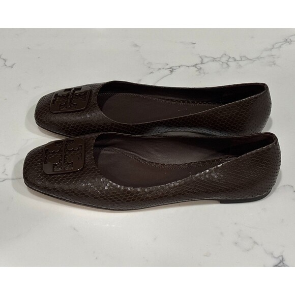 Tory Burch Ballet Flats 10.5 Georgia Square Toe Snakeskin Embossed Leather Brown - Picture 10 of 13